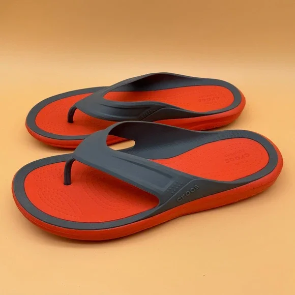 Crocs Mens Size‎ 12 Flip Flops Thong Sandals Orange Gray Comfort - Picture 2 of 10